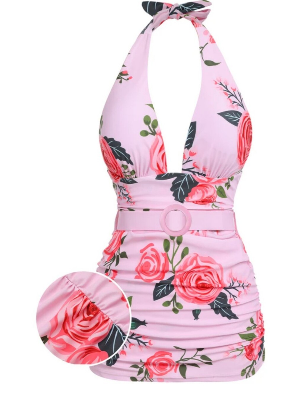 NEW Retro Stage Pink Floral Halter Swimsuit 1930s Inspired with  Matching Belt